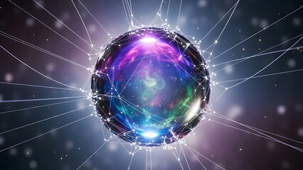 A futuristic digital sphere surrounded by a glowing network of connected lines and dots