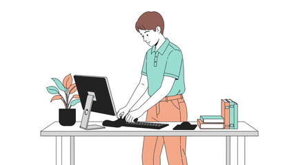Illustration of a man working on computer at his office desk, business lifestyle concept
