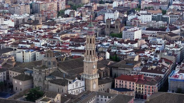 Cathedral of the Savior of Zaragoza, also known as La Seo, standing amidst historic cityscape of Aragon's capital in Spain