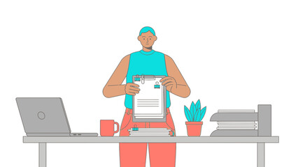 Illustration of a person holding papers at an office desk with a laptop and stapler