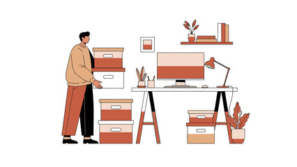 Illustration of a person organizing files and boxes in an office or home office setup