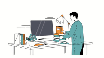 Illustration of a person organizing books on a desk, concept of work and study