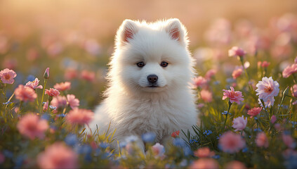 A fluffy white samoyed puppy sitting peacefully between blooming carnations and forget-me-nots in warm sunlight