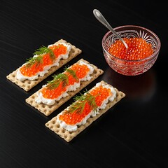 Three crispbread appetizers with cream cheese roe and dill next to a bowl of roe