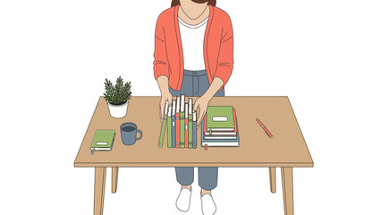 Illustration of a person organizing books and supplies on a wooden table, minimalist style