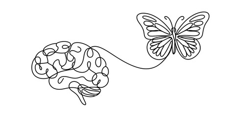 Abstract single line drawing connecting human brain outline to a butterfly, symbolizing thought, imagination, transformation, and freedom of mind. Vector, illustration