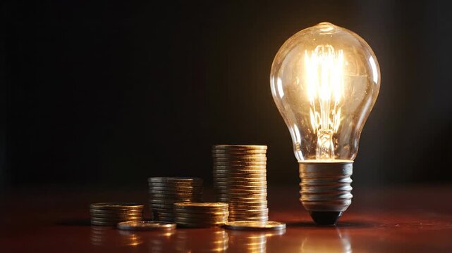 A glowing bulb beside stacked coins on a dark wood surface, symbolizing ideas and finance for growth