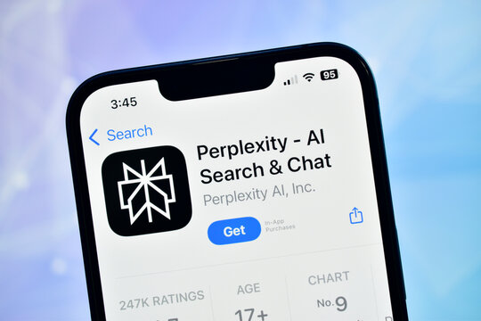 Closeup of perplexity ai search chat application displayed on a modern smartphone screen