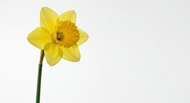 A beautiful single yellow daffodil bloom standing tall, perfectly isolated against a pristine white background, gold, trumpet, nobody