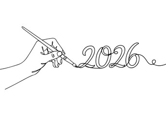 A minimalist line drawing depicts a hand holding a paintbrush, meticulously creating the year 2026.