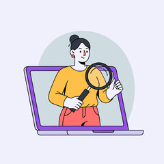 A woman with a magnifying glass emerges from a laptop screen, symbolizing online search and discovery.