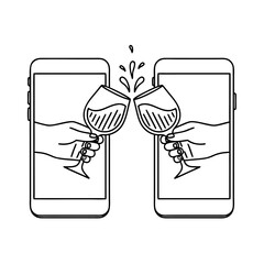 Two hands emerging from smartphones clinking wine glasses in a toast, symbolizing virtual celebration.