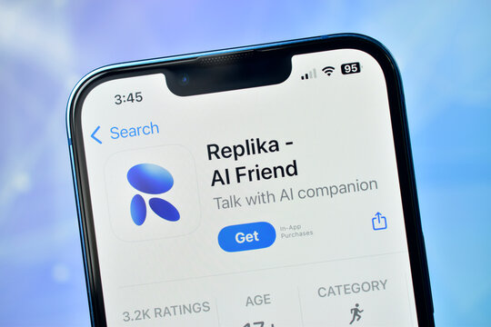 Closeup of iphone screen showing the replika ai friend app download page in an app store