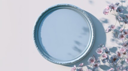 Round silver circular frame with soft pink blossoms and delicate floral shadows on a light blue background, minimalist elegant backdrop with copy space for beauty or product promotions