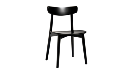 Black modern wooden dining chair, a minimalist seat for cafe or home interiors, creating an empty space and clean design, isolated with a transparent background