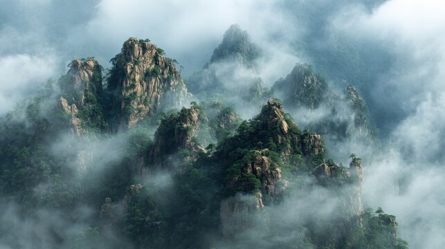 Huangshan mountain peaks emerging through dense morning fog in the dramatic anhui province landscape, creating an ethereal scene with ancient pine trees on granite cliffs