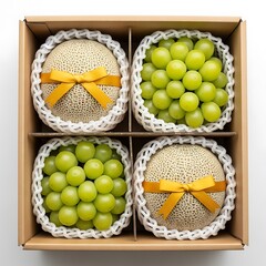 Close up of a gift box containing two melons with ribbons and two bunches of grapes