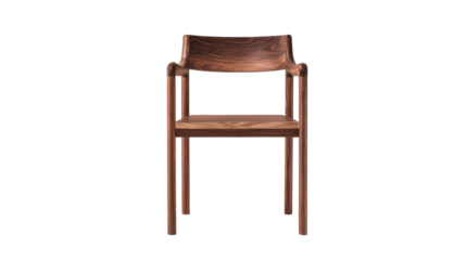Modern wood armchair featuring a minimalist design, smooth curved backrest, and warm brown timber texture, isolated for interior design elements