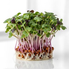 Close up of radish microgreens with green leaves and purple stems on white surface