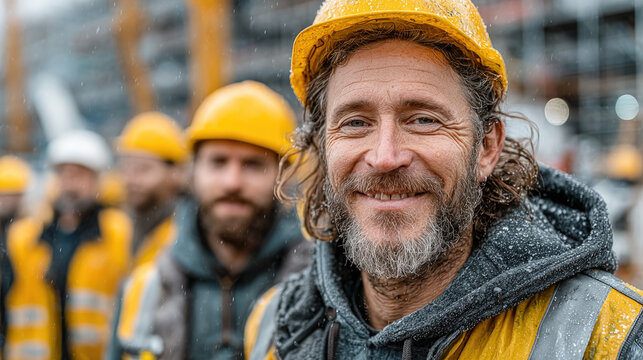 Smiling construction worker in a yellow hard hat standing with his team at a building site, showing teamwork, labor, and dedication.
