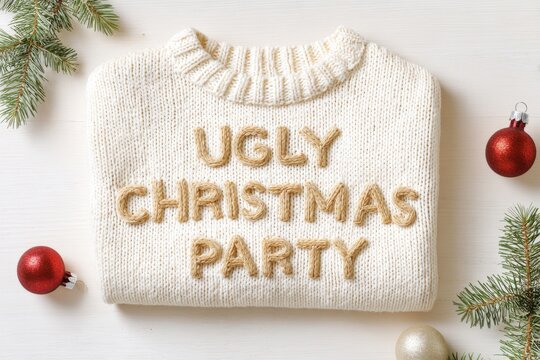 Cozy handmade knitted sweater with Ugly Christmas Party text, surrounded by festive ornaments and pine branches, perfect for holiday gatherings and seasonal celebrations