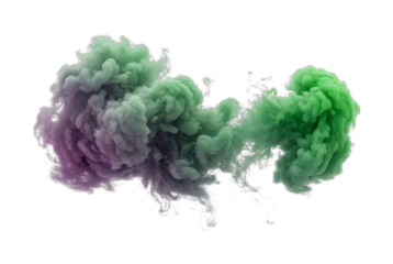 Colorful smoke cloud expanding and swirling in a vibrant abstract display of purple and green hues, creating a mesmerizing and artistic visual effect with fluid motion.