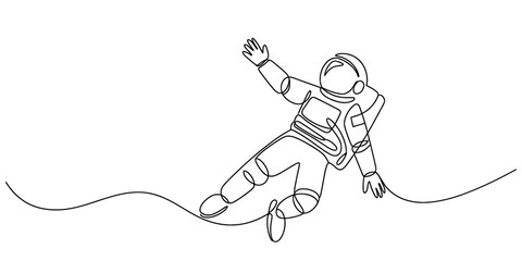Continuous one line drawing of an astronaut floating gracefully in space and waving hand. spaceman concept of futuristic space exploration, discovery, and innovation journey. Vector, illustration