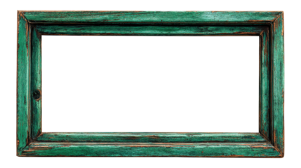 Old weathered wooden frame with distressed green paint creating a rustic, vintage border for text or images, isolated with a transparent background