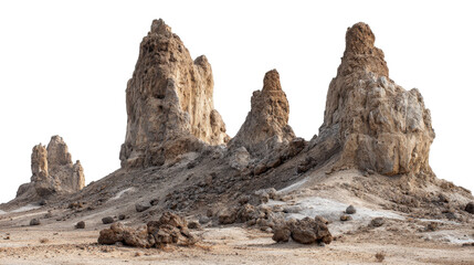 Fototapeta premium Trona pinnacles standing as ancient tufa towers in a desert landscape, showing the unique geological formation and the desolate, arid environment with a transparent background