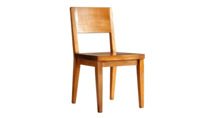 Wooden chair standing empty, isolated on transparent background, featuring light brown wood finish and sturdy, classic design for versatile use