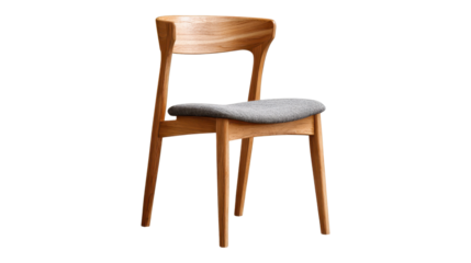 Modern wooden dining chair with light oak frame and gray fabric upholstery, showing a minimalist scandinavian design for home or office interiors, isolated on transparent background