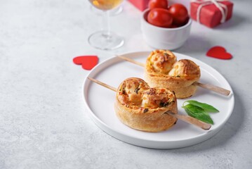 Basil cheese tomato puff pastry hearts for Valentine's day holidays
