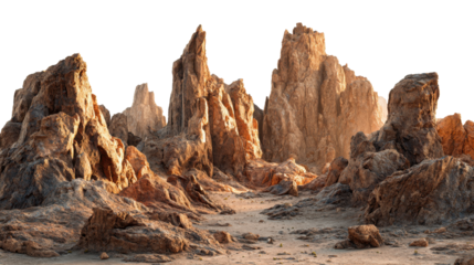 Arid desert canyon with towering sandstone cliffs and rugged rock formations bathed in warm sunlight, isolated on transparent alpha background for versatile use