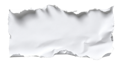 White torn empty paper scrap with rough edges and crumpled texture isolated on a transparent alpha channel background, symbolizing blank notes, messages, and announcements