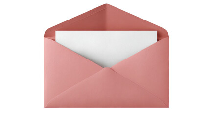 Pink envelope with a blank white card, creating a mock up for invitations, greetings, messages, or promotions, ready for custom text on transparent background