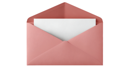 Pink envelope with a blank white card, creating a mock up for invitations, greetings, messages, or promotions, ready for custom text on transparent background