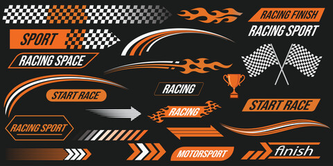 Racing Graphics Elements A vibrant and dynamic collection of racing-themed graphic elements, perfect for conveying speed, competition, and adrenaline, featuring bold lines, checkered flags, flames. © Ahluva Studio