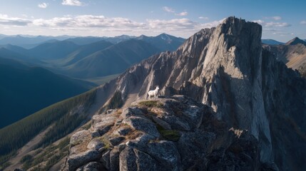 Aerial View of a Majestic Mountain Goat Standing on a Rocky Outcrop Against a Vast Landscape of Mountains and Valleys in a Natural Setting