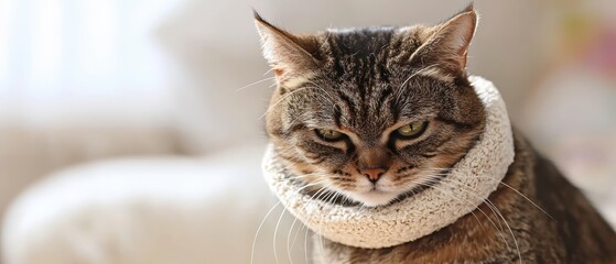 A Slightly Annoyed Cat with Collar and Ears Back, Capturing an Expressive Moment in a Cozy Indoor Setting