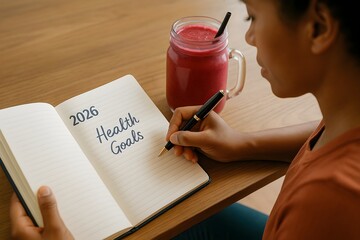 Focused woman writing 2026 health goals and new year resolutions in a notebook. Healthy lifestyle concept with a green smoothie for wellness and self-improvement.