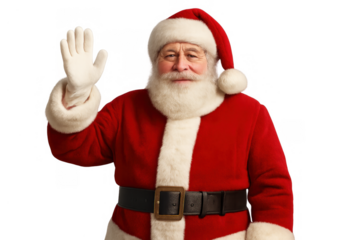 Santa claus waving hand, greeting audience during christmas holidays, holiday character cutout with transparent background