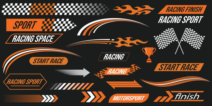 Racing Graphics Elements A vibrant and dynamic collection of racing-themed graphic elements, perfect for conveying speed, competition, and adrenaline, featuring bold lines, checkered flags, flames.