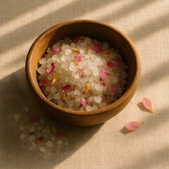 Natural spa and wellness concept with a wooden bowl of bath salts and flower petals. Serene scene for aromatherapy, relaxation, and self-care.