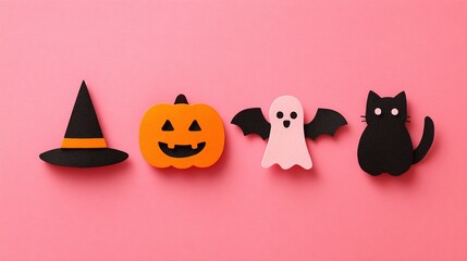 Felt halloween decorations: witch hat, pumpkin, ghost, black cat pink