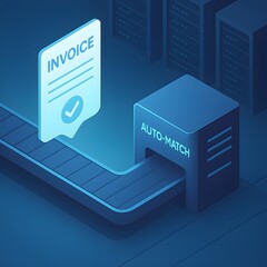 Sleek automated invoice processing system with auto-matching technology. Digital illustration of financial management and business operations in a modern data center.