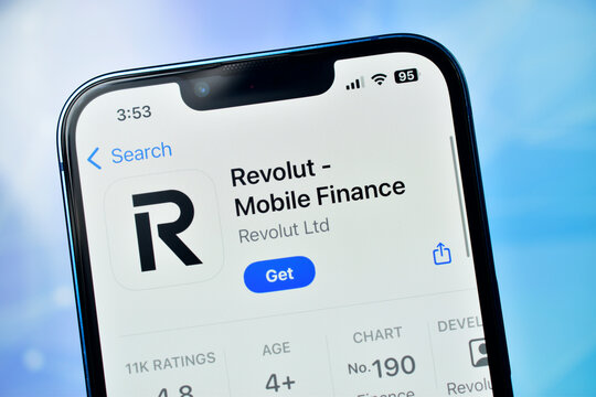 Closeup of revolut mobile finance application displayed on a smartphone screen
