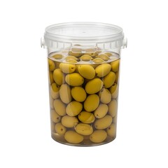 Illustration of green olives in brine in a clear plastic bucket isolated on white background