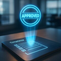 Holographic 'APPROVED' badge glowing over a digital compliance checklist. Concept for business process validation, quality control, and successful certification.