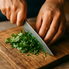Close-up of a chef's hands skillfully chopping fresh green cilantro on a wooden cutting board. Culinary preparation for a healthy meal.