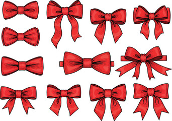 Collection of twelve red gift wrapping bows in various styles and shapes